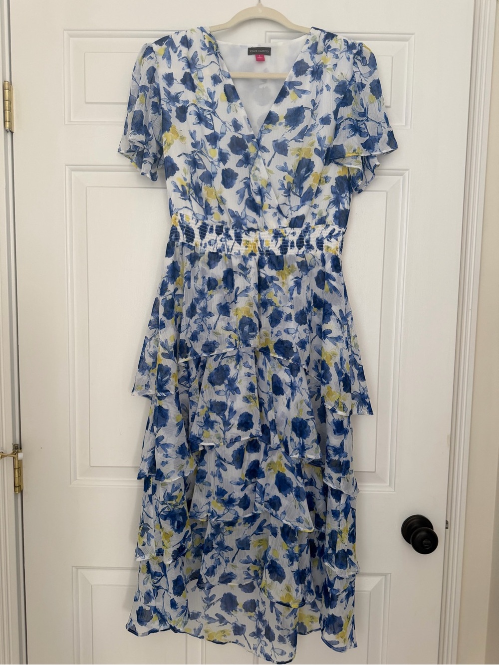Vince Camuto Blue & Yellow Floral Wrap Midi Dress